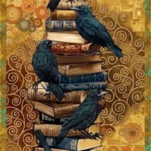 Crows and Books 24&quot; Panel Crow-Mazing by Henry Glass Fabric Panel / Fabrics by the Panel / Autumn, Fall, Abstract, Halloween