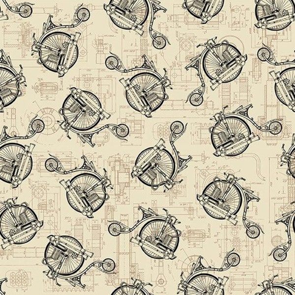 Steampunk Fabric, Bicycles on Parchment / Alternative Age Collection by Blank Quilting Fabric Yardage and Fat Quarters Available