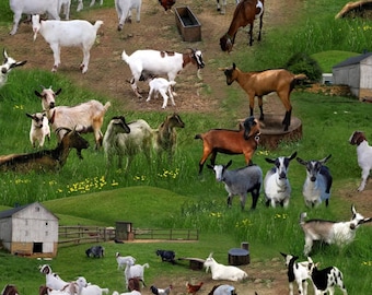 Goats on Green Fabric / Farm Animals Fabric / Elizabeth&#39;s Studios  359 Green / Goats in Pasture Fabric / Goats Yardage & Cow Fat Quarters