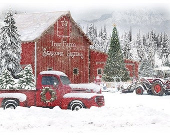 Hoffman Snow Red Truck Holiday Barn Winter Scene, Tree Farm Christmas Truck 30" Panel Quilt  Fabric Panel / Quilting Fabric Panels