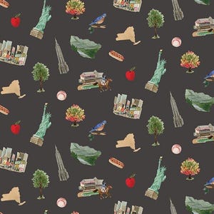 New York State Icon Toss on Brown, I Love New York by Riley Blake Fabric, All New York State Shop Hop Fabric Yardage & Fat Quarters