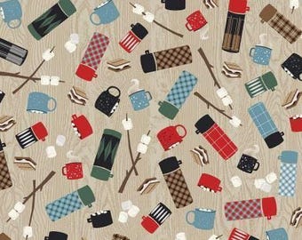 Campfire Treats on Tan / Moose creekFabric Collection by Benartex / Camping, Hunting, Wilderness, Wildlife Fabric Yardage & Fat Quarters