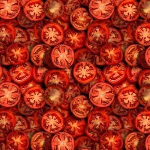 May include: A repeating pattern of sliced red tomatoes showing the internal seed structure and pulp. The image features numerous cross-sections of tomatoes arranged closely together, displaying vibrant red flesh and light yellow seeds.