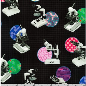 Microscope fabric  Science Fair 3 Robert Kaufman fabric 19087 Yardage, By The Yard and Fat Quarters / Gray & White Science Fabric