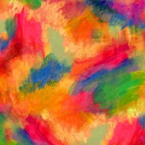 May include: Abstract painting with vibrant colors, including red, orange, yellow, green, blue, and purple. The colors are blended together in a swirling, chaotic pattern.