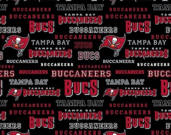 NFL Tampa Bay Buccaneers on Black Fabric / Licensed NFL Cotton Fabric from Fabric Traditions 58" Wide / Football Fabric by the yard