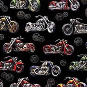 Krafträder auf schwarzem Stoff, Heavy Metal Stoff, Dan Morris QT Fabrics / America'sHighway Material / Fat Quarters und Meterware