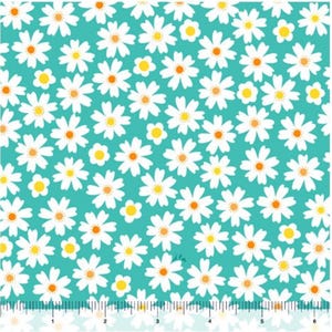 Margaridas em tecido Aqua por metro / Coleção Tiger Tale da QT Fabrics Tecido Daisy Yardage e Fat Quarters disponíveis 100% algodão