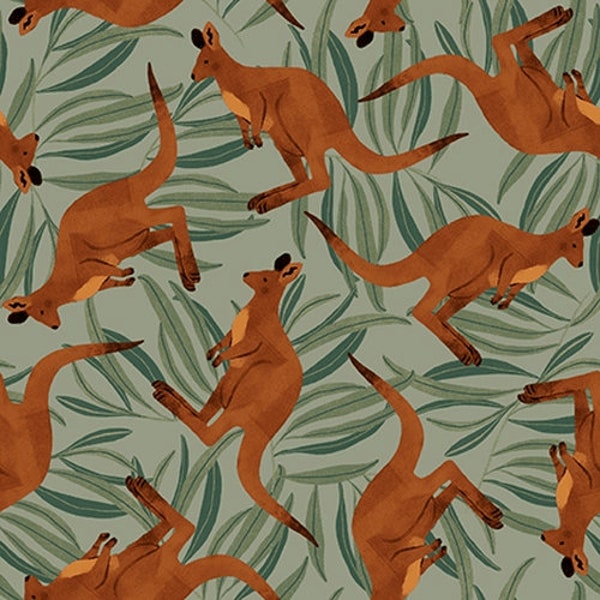 Aussie Friends Kangaroos on Green Fabric Joey Fabric by the yard / Blank Quilting Yardage and Fat Quarters Available