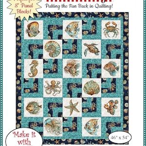 Może przedstawiać: Wzór na kołdrę Gatsby z ilustracjami stworzeń morskich, takich jak ryby i koniki morskie, w kwadratowym wzorze blokowym. Kołdra ma wymiary 117 cm na 137 cm. Widoczne jest logo Fabric Cafe i tekst "Putting the Fun Back in Quilting!"