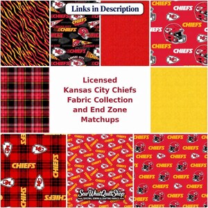 The image is a collage of various fabric samples featuring the Kansas City Chiefs football team, including patterns with the team's logo, colors, and text.