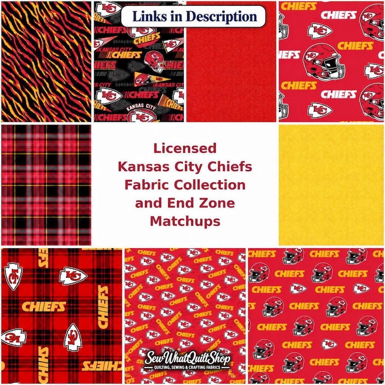 The image is a collage of various fabric samples featuring the Kansas City Chiefs football team, including patterns with the team's logo, colors, and text.