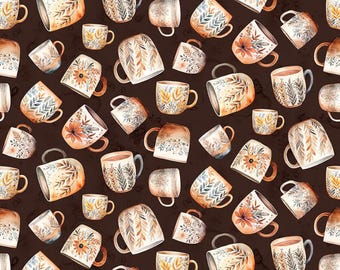 Coffee Cups on Dark Brown Coffee Time by Riley Blake Fabric by the yard / Kitchen fabric  / Yardage and Fat Quarters