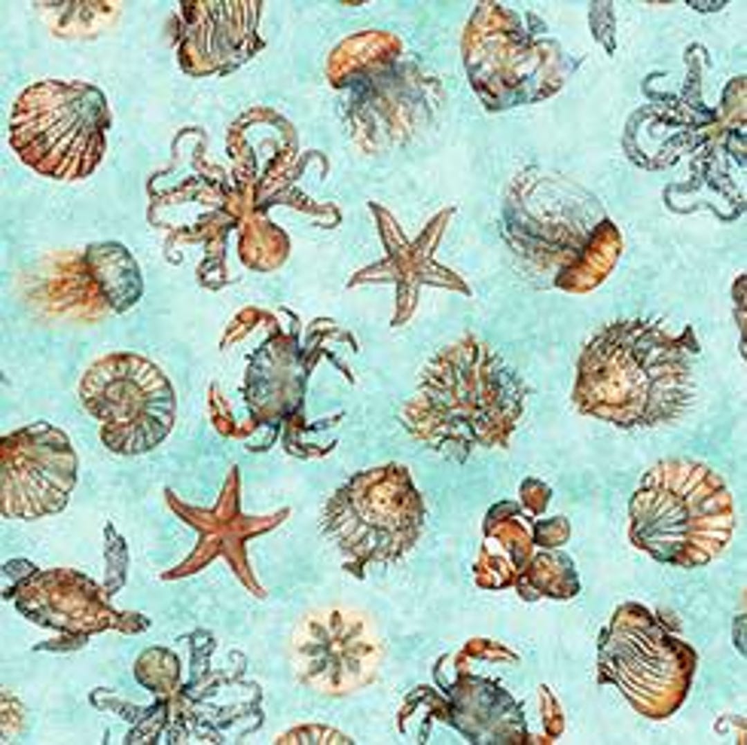Sea Creature Toss on Teal Ocean Fabric by the Yard,