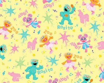 Sesame Street Fabric / Zoe and Rosita on Yellow by QT Fabrics, Sesame Street Cotton Material Yardage & Fat Quarters Available