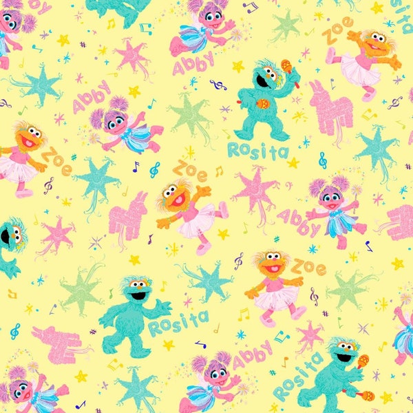 Sesame Street Fabric / Zoe and Rosita on Yellow by QT Fabrics, Sesame Street Cotton Material Yardage & Fat Quarters Available