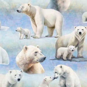 Polar Bear Vignette on Blue Winter Fabric, White / QT Fabrics Snow Animals / Yardage & Fat quarters Available