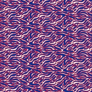 May include: A repeating pattern featuring blue, red, and white abstract shapes. The design consists of blue, wave-like forms outlined in red, set against a white background. This pattern is suitable for various fabric applications.