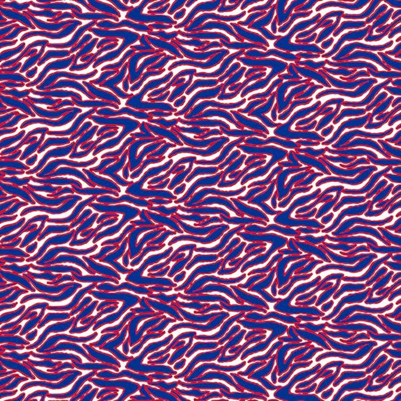 May include: A repeating pattern featuring blue, red, and white abstract shapes. The design consists of blue, wave-like forms outlined in red, set against a white background. This pattern is suitable for various fabric applications.