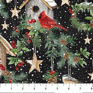 Christmas Fabric, Cardinals Bird Houses, Birds Winter Song Fabric by Northcott Fabrics Yardage Material & Fat Quarters Available