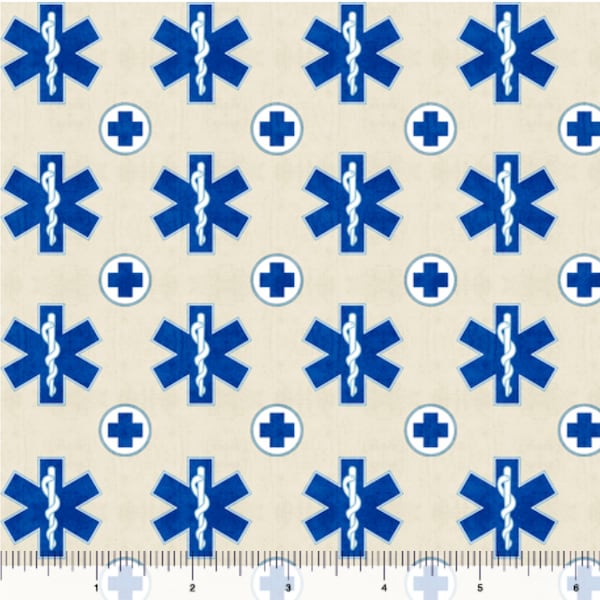 What The Dr Ordered EMS Symbols Fabric by the yard from QT Fabrics, Military, Police, Fire, Medical First Responder, QOV Collection