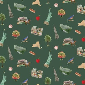 New York State Icon Toss on Green, I Love New York by Riley Blake Fabric, All New York State Shop Hop Fabric Yardage & Fat Quarters