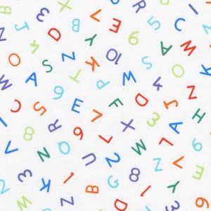 May include: A white background with a colorful pattern of letters and numbers. The letters and numbers are in various colors, including red, blue, green, yellow, and orange.