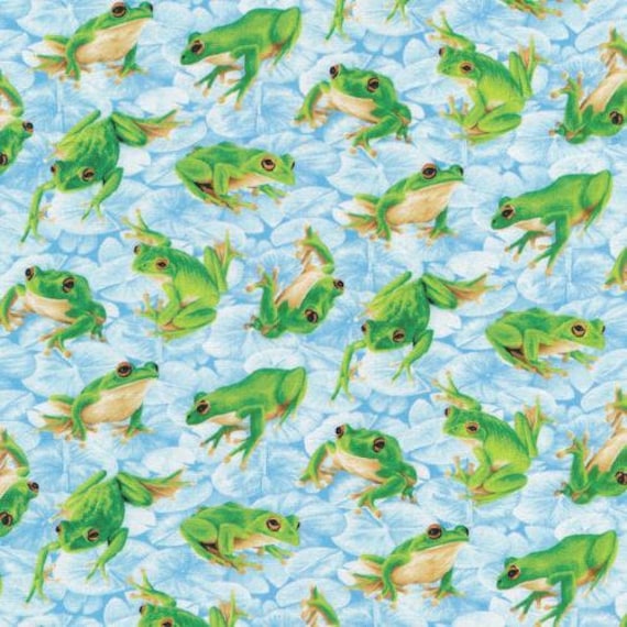 Frog Fabric by the yard / Frolicking Fields Frogs on Blue / Bugs by the yard / Paintbrush Studio 15911 Frog Yardage & Fat Quarters