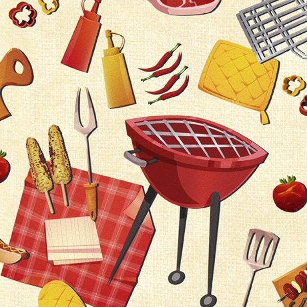 Backyard BBQ Toss Fabric / Foodie Summer Yardage / BBQ Picnic Barbeque Cookout Food Fabric / QT Yardage & Fat Quarters