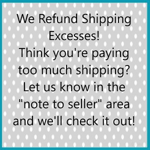 May include: A teal-bordered image with a gray polka-dot background and text. The text states: "We Refund Shipping Excesses! Think you're paying too much shipping? Let us know in the 'note to seller' area and we'll check it out!"
