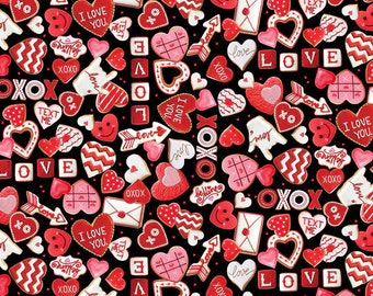 Be Mine Valentine Heart Cookies on Black Fabric  by Timeless Treasures Fabric Cotton Yardage and Fat Quarters Available