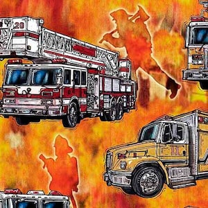 Fire Trucks on Orange Flames Fabric / 5 Alarm / Fire Fighter Fabric Fabric / Quilting Treasures 26291 Fire Trucks Fat Quarters & By The Yard