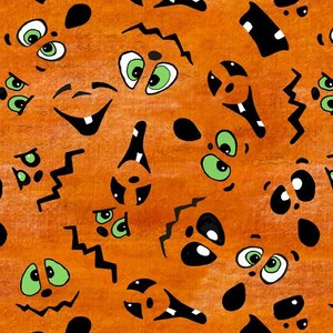 Halloween-gezichten op oranje stof op maat gesneden Spooktacular-stoffencollectie op maat gesneden / QT Halloween-stof Yardage & Fat Quarters