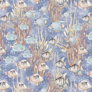 Fish and Seaweed on Medium Blue Fabric / Ocean Life Fabric by the yard / Ocean Oasis by Blank Quilting, Ocean Fish Fat Quarter and Yardage