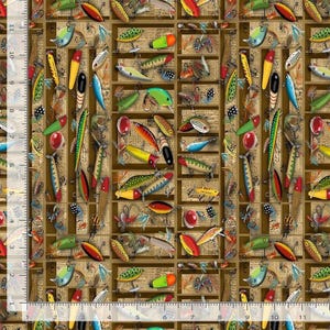 Fishing Gear Fabric / Tackle Box Lures Cabin Rules Collection by Timeless Treasures in Hunting and Fishing Material Yardage & Fat Quarters