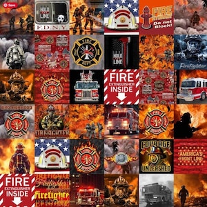 Può includere: Un collage di immagini a tema vigili del fuoco. Include autopompe, elmetti, distintivi e testo come "Fire Dept", "Firefighter" e "Fire Extinguisher Inside". La combinazione di colori è prevalentemente rosso, bianco e nero, con fiamme.
