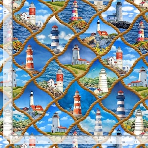 May include: Fabric with a nautical theme featuring various lighthouses set against a blue sky and ocean backdrop. The lighthouses are framed by a rope-like grid pattern. The lighthouses have red, white, and blue stripes.