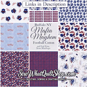 The image is a collage of various buffalo buffalo-themed fabric patterns, including buffalo images, buffalo team logos, and buffalo-related phrases.