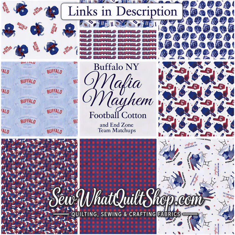 The image is a collage of various buffalo buffalo-themed fabric patterns, including buffalo images, buffalo team logos, and buffalo-related phrases.