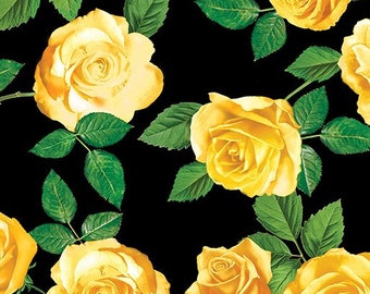 Single Yellow Roses on Black Fabric,  Flowers in Friendship Floral Flowers by Benartex Floral Blender Fabric Yardage & Fat Quarters