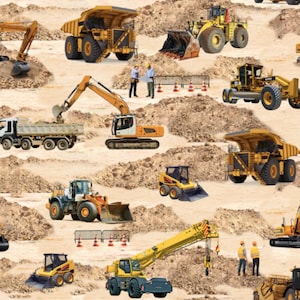 May include: A repeating pattern featuring various construction vehicles, including excavators, dump trucks, and bulldozers, set against a backdrop of dirt and sand. The vehicles are primarily yellow and orange, with a few workers present.