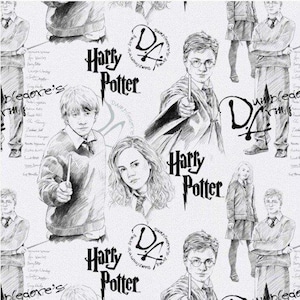 May include: Black and white sketch-style pattern featuring characters and logos from the Harry Potter series. The design includes portraits of Harry, Ron, Hermione, and other characters, along with the "Harry Potter" logo and "Dumbledore's Army" text.