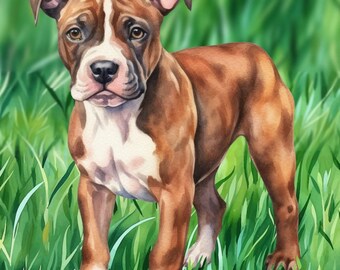 May include: A watercolor painting of a brown and white dog with short fur, floppy ears, and dark eyes. The dog is standing in a field of vibrant green grass, looking directly forward with a calm expression and a white patch on its face.