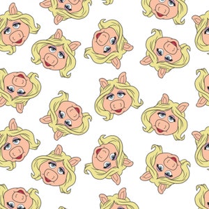 May include: A seamless pattern featuring multiple illustrations of Miss Piggy's face. The illustrations are in a cartoon style with a pink face, yellow hair, blue eyes, and red lips. The background is white.