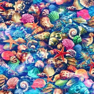 Sea Shells Fabric by the Yard / The Deep Ocean Oasis, Ocean Fish Star Fish Whales Dolphins Fish Coral Fabric Fat Quarter & Yardage