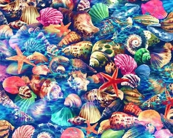 Sea Shells Fabric by the Yard / The Deep Ocean Oasis, Ocean Fish Star Fish Whales Dolphins Fish Coral Fabric Fat Quarter & Yardage