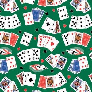 Karty do gry na zielonym tle Let's Play firmy Kanvas Tkanina cięta na wymiar / Poker Yardage Jackpot Collection Gra w blackjacka Fat Quarters & Yardage