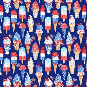 Ice Cream Cone and Popsicles Stars and Stripes Stoff Gefrorene Leckereien Patriotisches Picknick von Timeless Treasures Fabric lose Ware & Fat Quarters