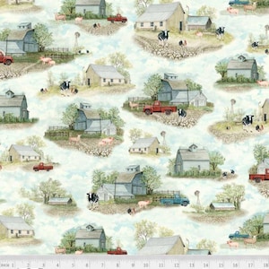 Auf dem Bauernhof Vignette Farmansicht von PB Textiles Yardage / Farming Fabric Stoff Meterware & Fat Quarters