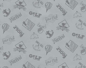 Golf Fabric / Golf Club Words on Gray Fabric / Golf Days Collection from Riley Blake/ Fat Quarters, Yardage / Golf material